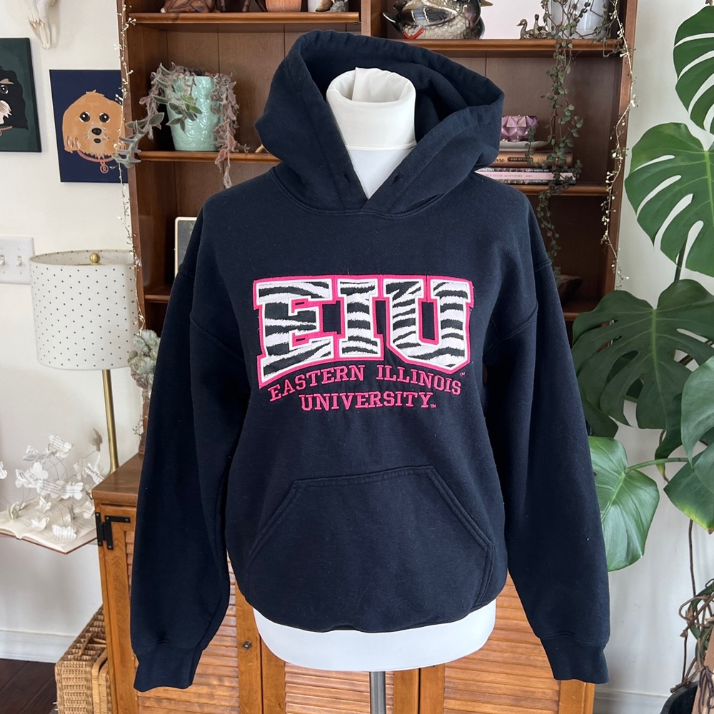*Eastern Illinois University Black Hoodie with Pink & White Zebra Print Logo S